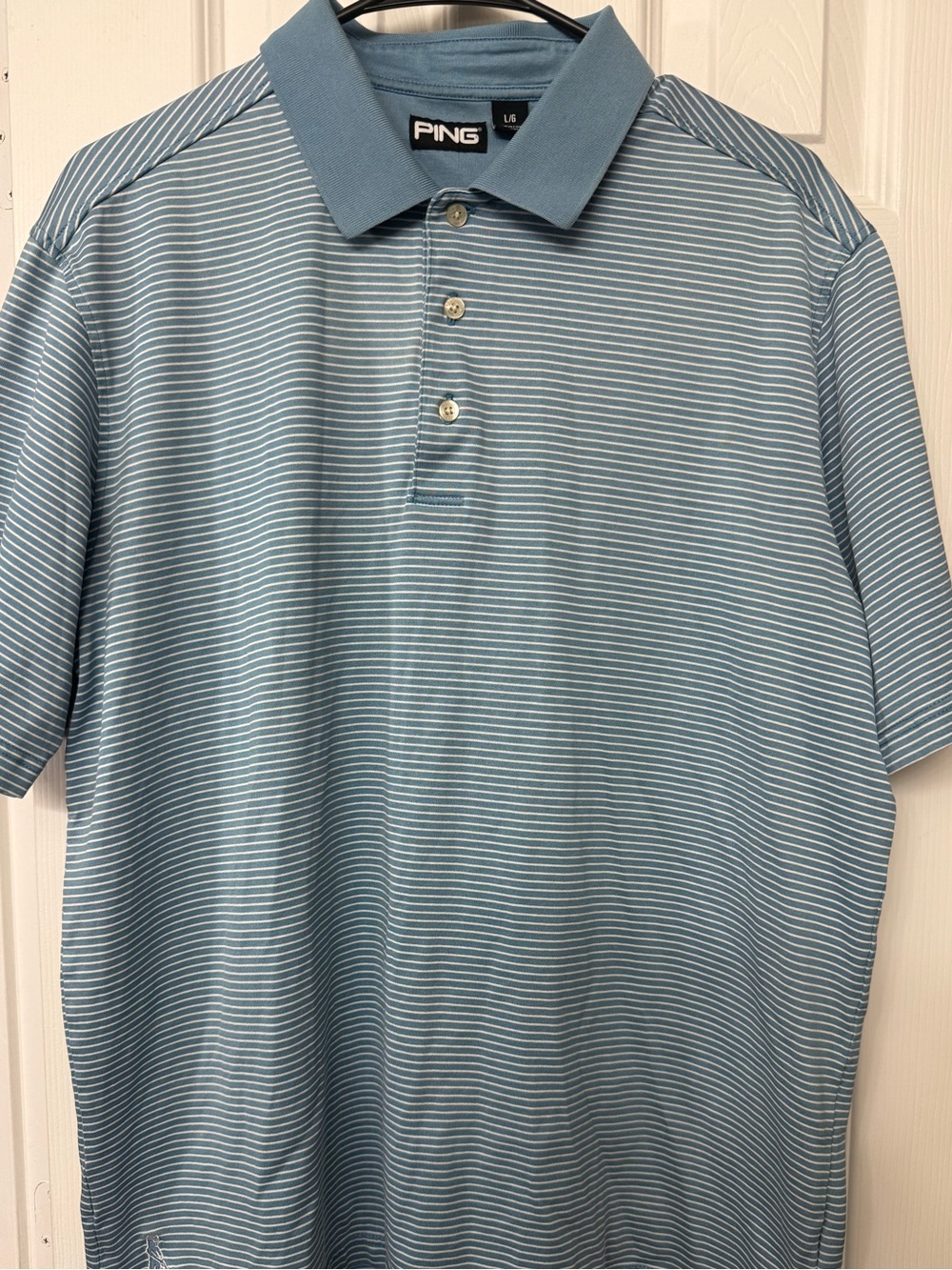 PING Light Blue and White Striped Polo Sz L  (sku0141